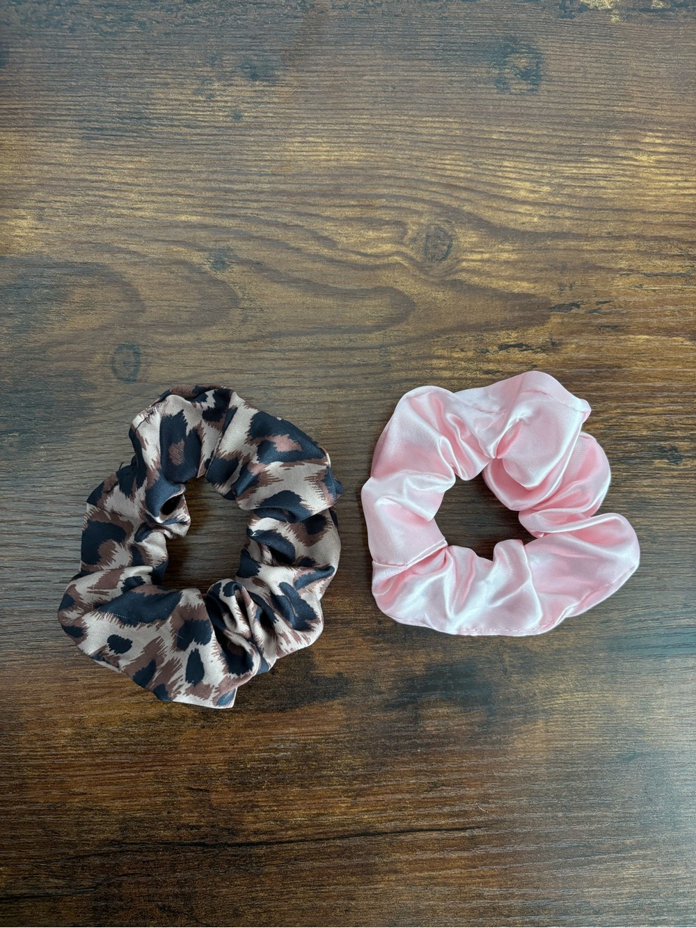 Silky Satin Scrunchies Set of 2 - Leopard Print & Pink Hair Ties